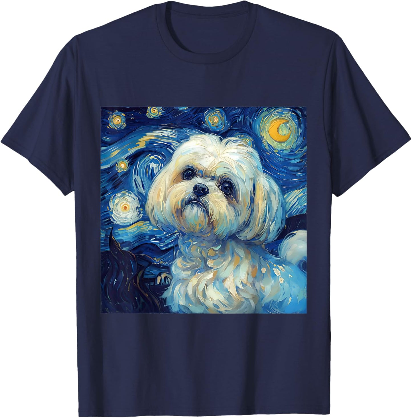 Maltese Dog Starry Night Vincent Van Gogh Painting T-Shirt - T-Shirt | Navy