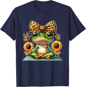 Cute Frog Yoga with Sunflowers and Butterflies T-Shirt - T-Shirt | Navy