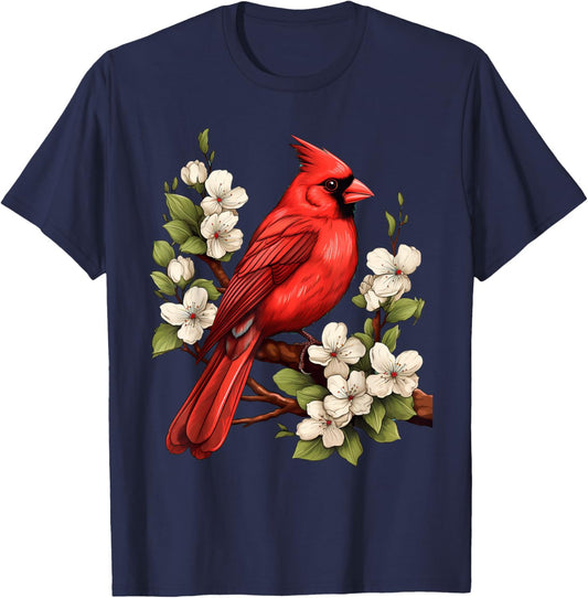 Cute Cottagecore Aesthetic Northern Cardinal Bird Flowers T-Shirt - T-Shirt | Navy