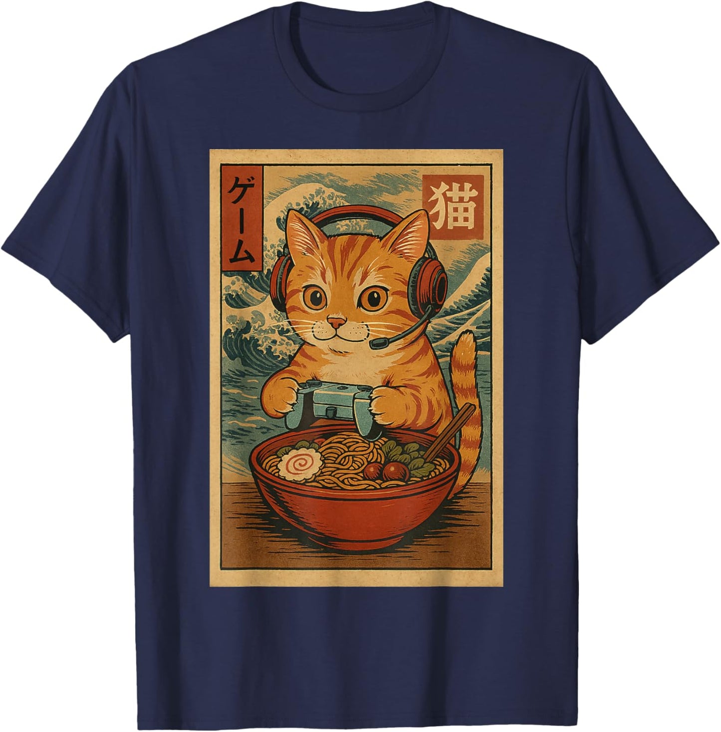Kawaii Anime Gamer Cat Ramen Retro Japanese Gaming Funny T-Shirt - T-Shirt | Navy