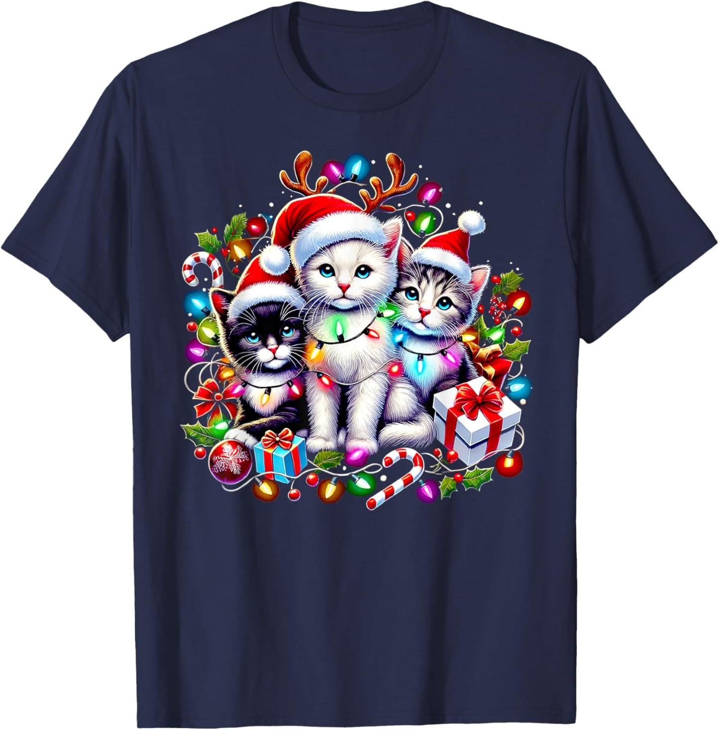 Cute Kittens Christmas Cheer Santa Hats Lights Cats Kittys T-Shirt - T-Shirt | Navy