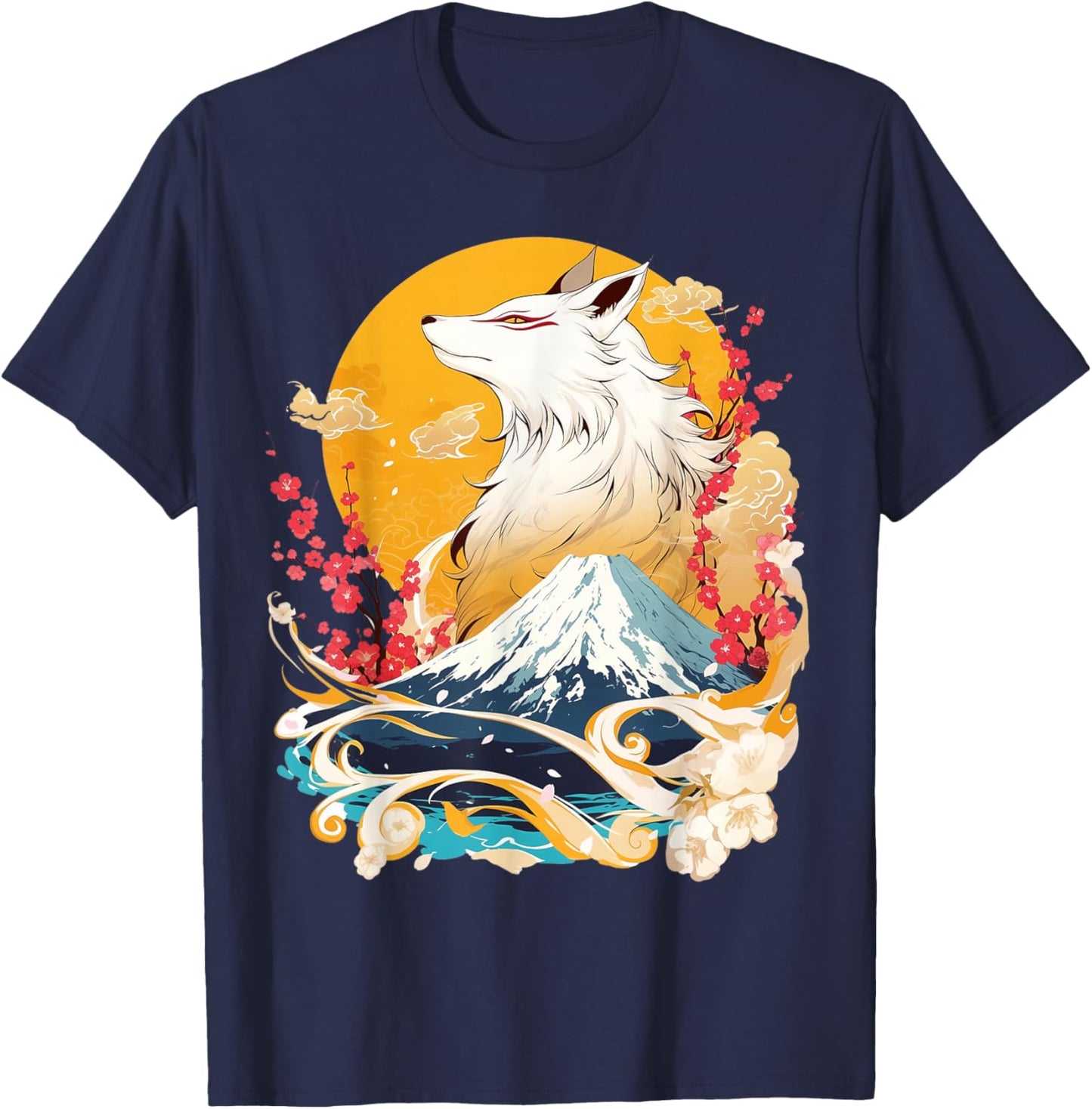 Kitsune Fox with Cherry Blossom Landscape T-Shirt - T-Shirt | Navy