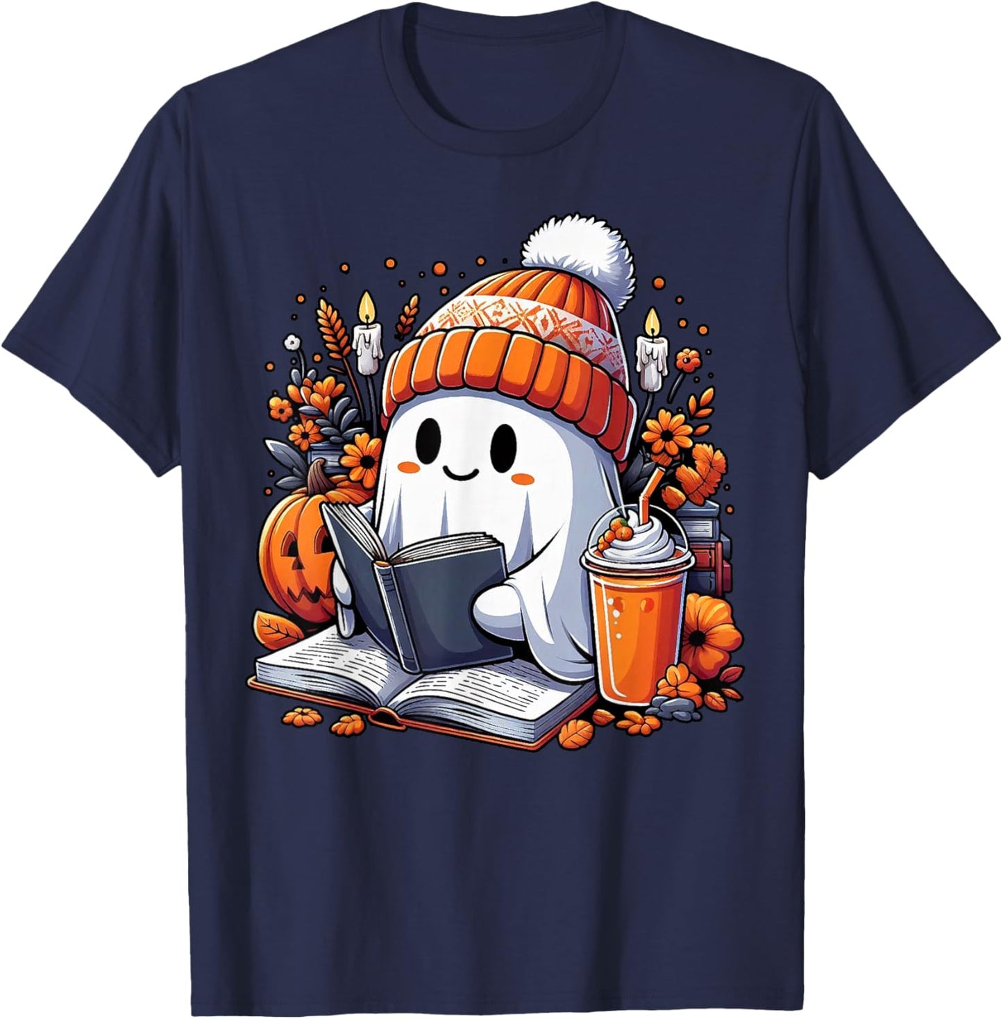 Ghost Drinking Coffee Book Reading Halloween Pumpkin Flower T-Shirt - T-Shirt | Navy