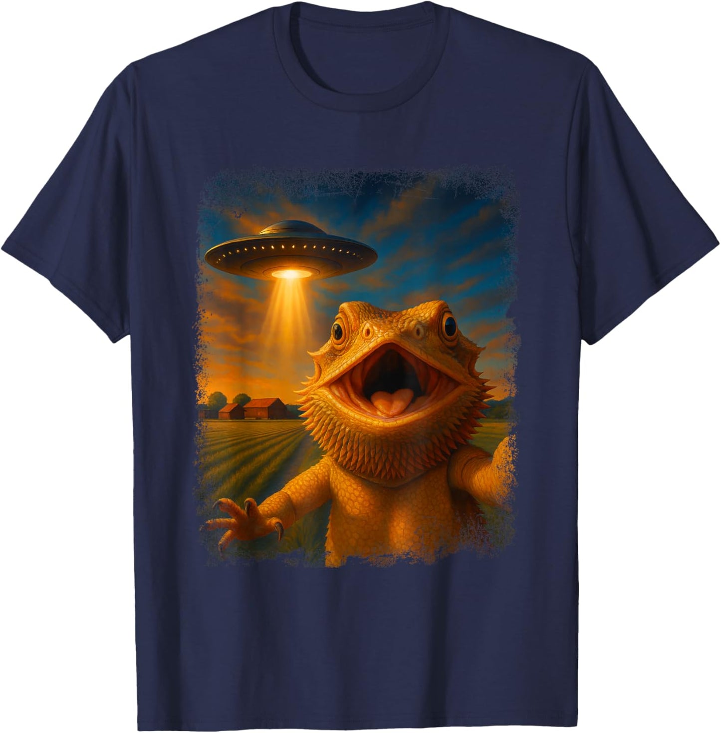 Distressed Dragon UFO Selfie Funny Invasion Alien Art Humor T-Shirt - T-Shirt | Navy