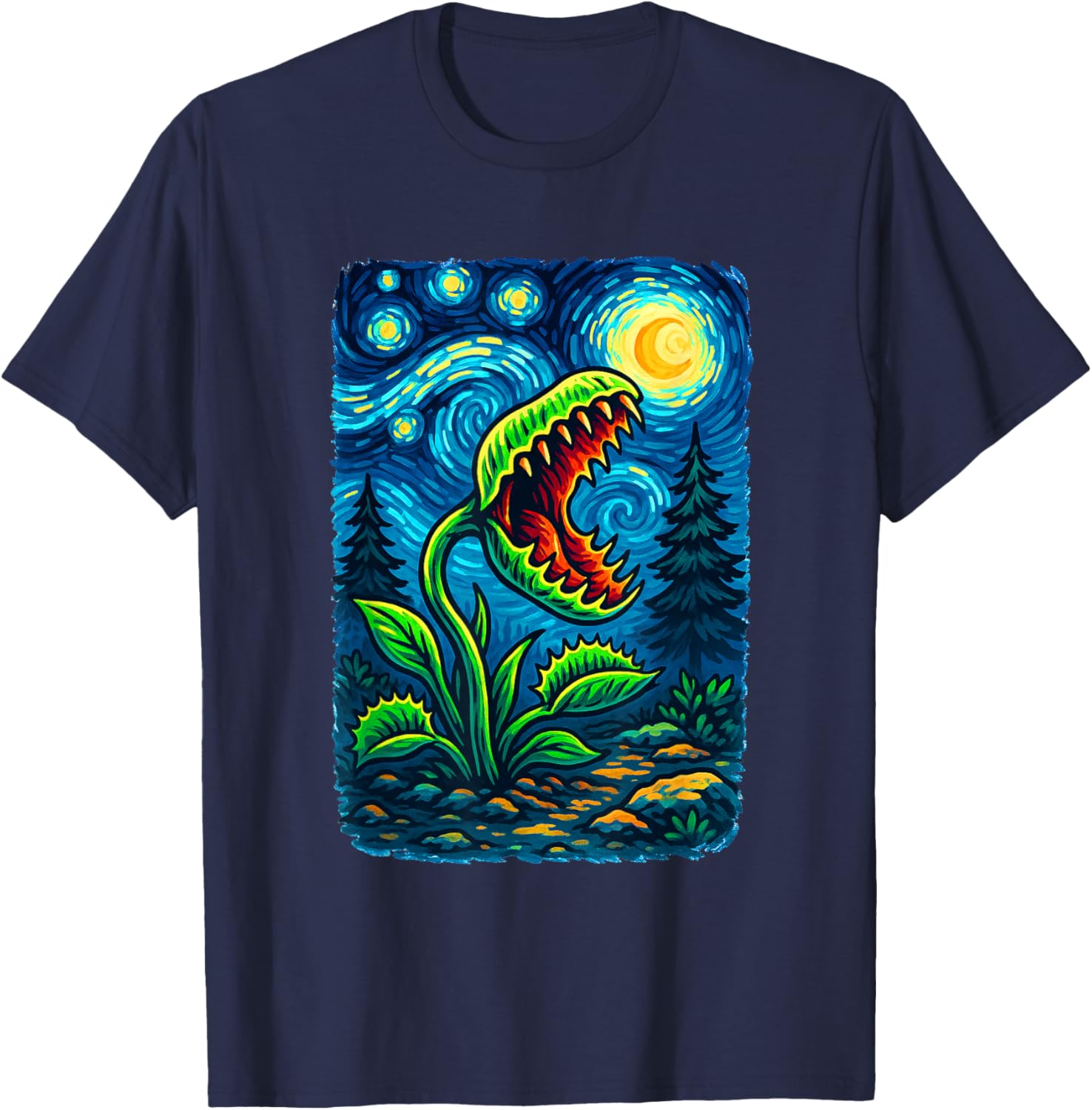 Carnivorous Plant Venus Fly Trap Design Starry Night Art T-Shirt - T-Shirt | Navy
