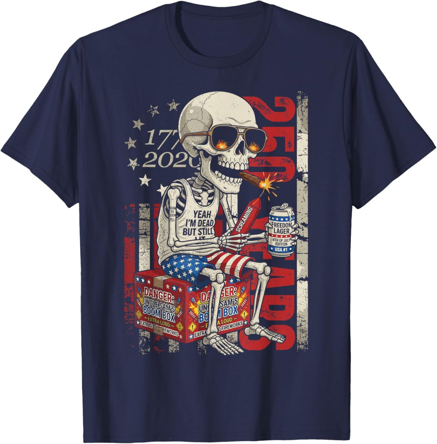 250 Years Funny Skeleton Fireworks American Flag 4th of July T-Shirt - T-Shirt | Navy