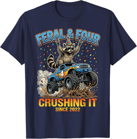 Feral & Four Raccoon Monster Truck 4 Years Old 4th Birthday T-Shirt - T-Shirt | Navy