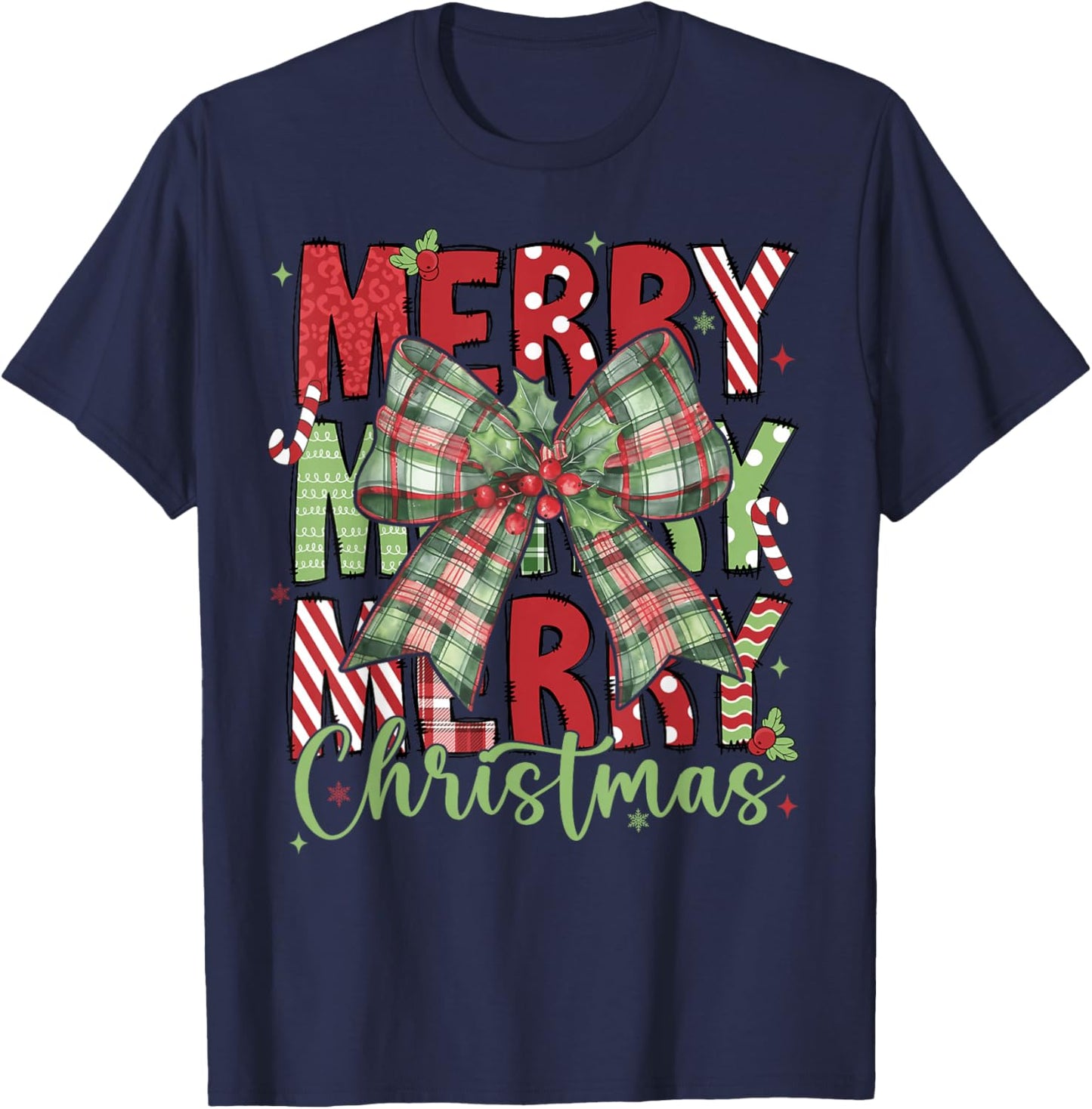 Merry Christmas Coquette Bow Xmas Pajamas Family Matching T-Shirt - T-Shirt | Navy
