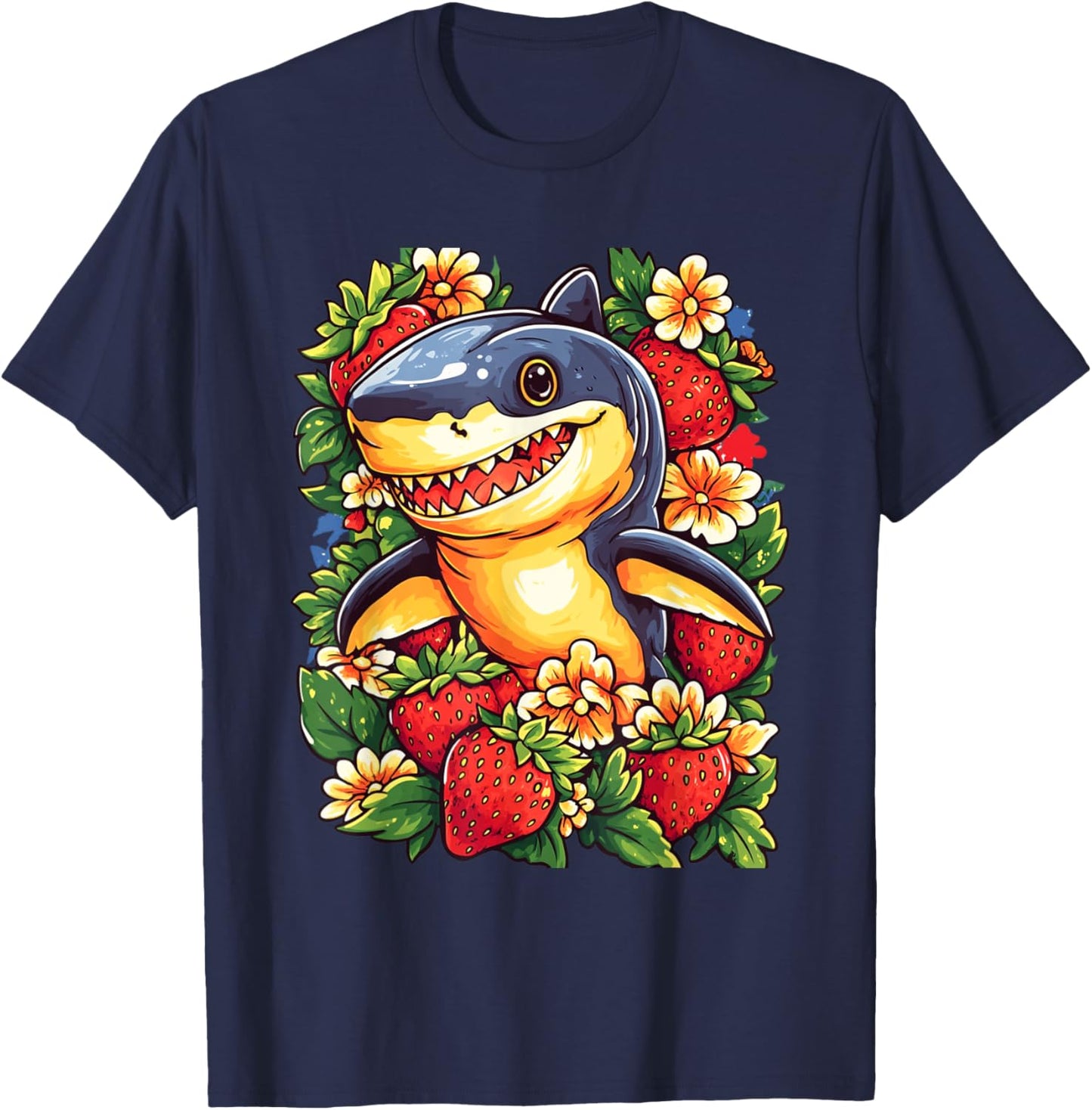 Shark Strawberries and Flowers Graphic Cute Shark T-Shirt - T-Shirt | Navy
