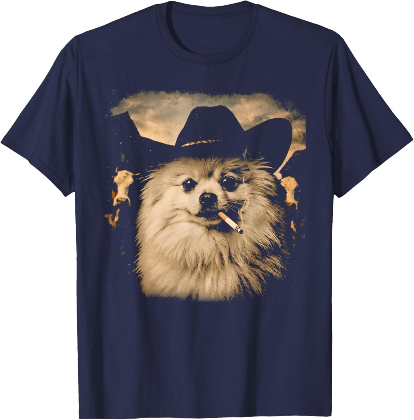 Pomeranian Western Graphic Vintage Cowboy Dog Smoking Meme T-Shirt - T-Shirt | Navy