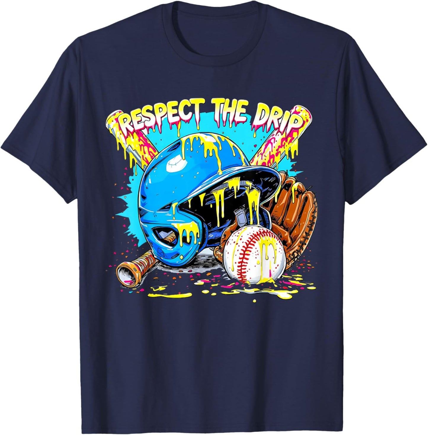 Respect The Drip Boys Baseball Bat Helmet Glove Ball Sports T-Shirt - T-Shirt | Navy