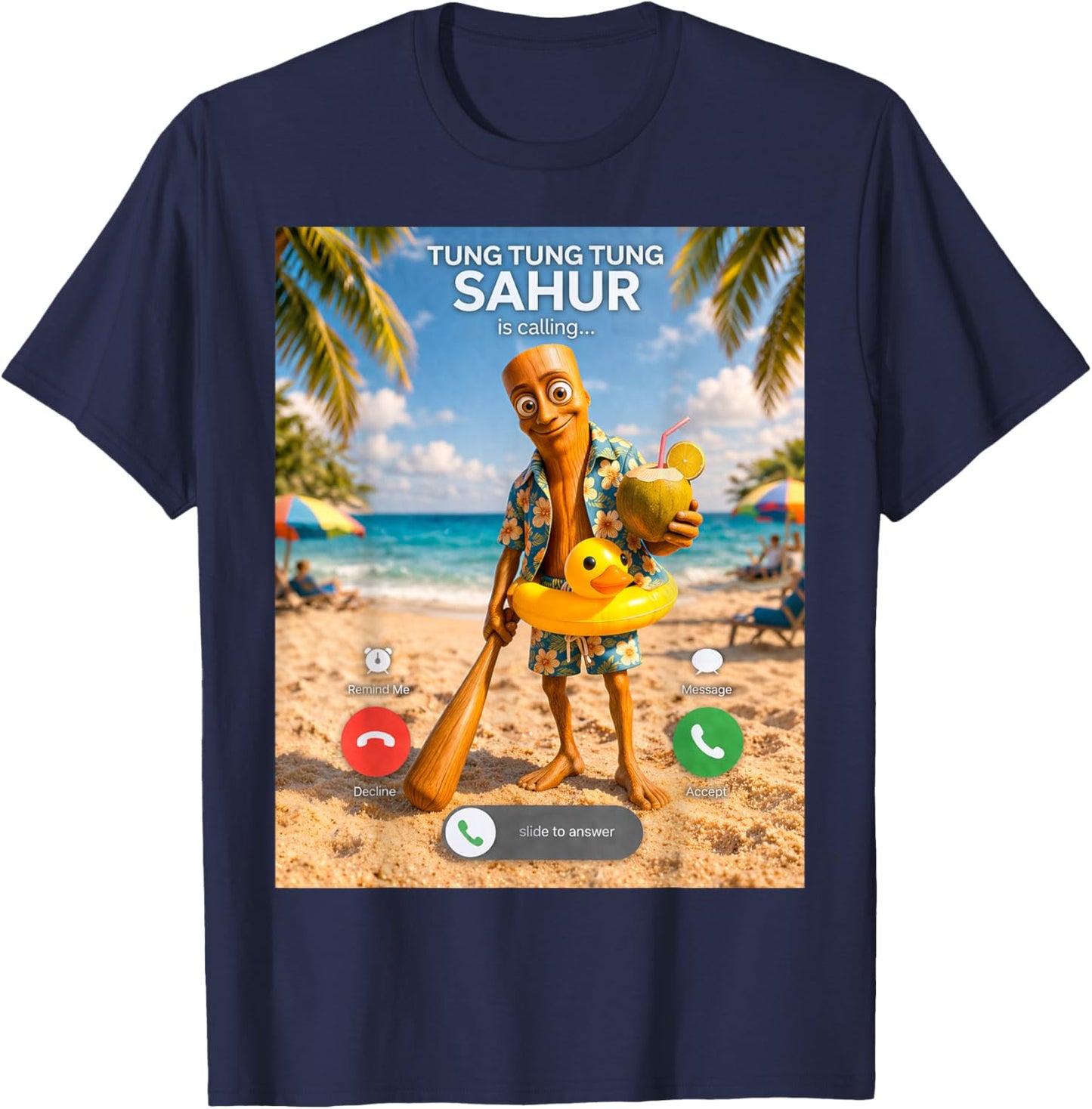 Summer Vacation Brainrot Meme Tung Tung Tung Sahur Boys Kids T-Shirt - T-Shirt | Navy