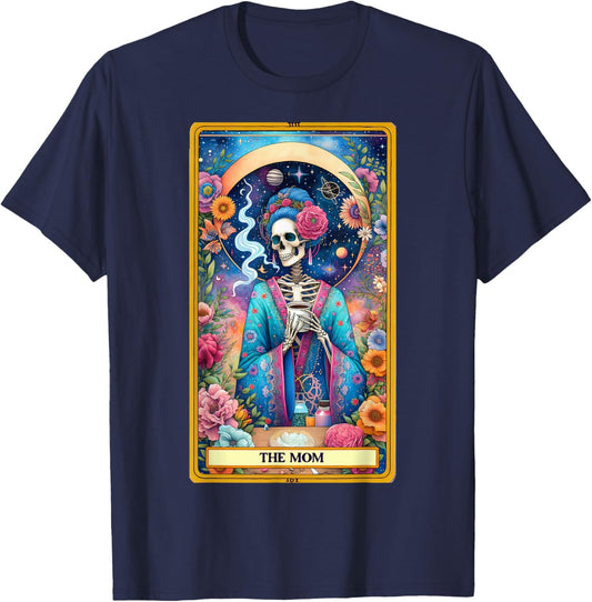 Mom Tarot Card Skeleton Skelly Messy Bun Robe Coffee Mama T-Shirt - T-Shirt | Navy