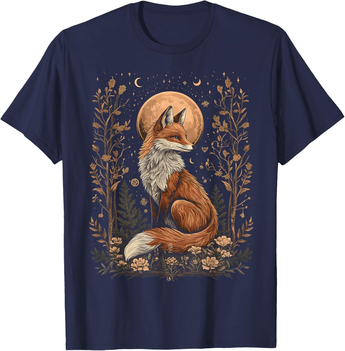 Mystic Moon and Moonphase Fox Mystical Flowers Aesthetic T-Shirt - T-Shirt | Navy