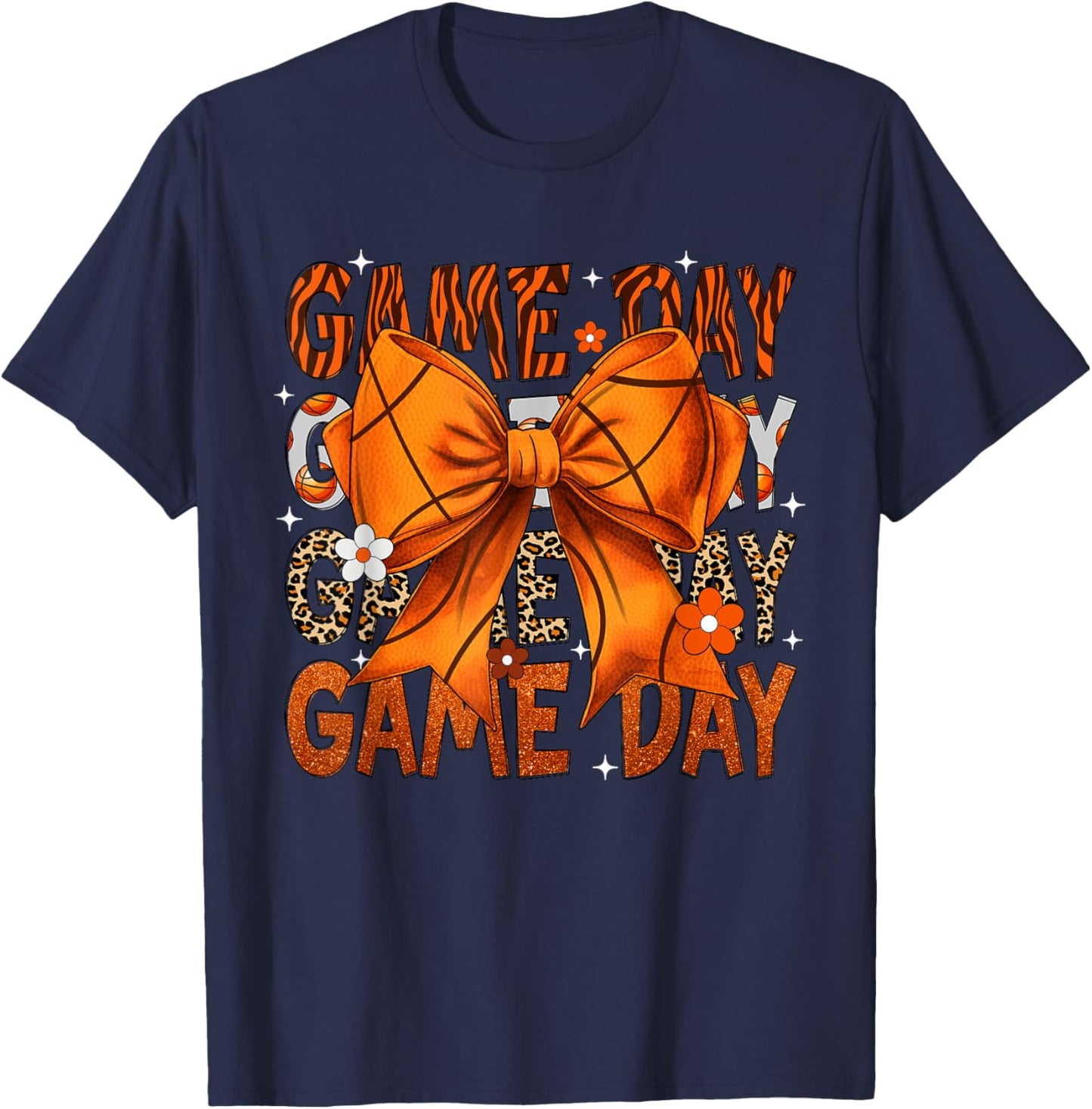 Game Day Basketball Bow Coquette Leopard Basketball T-Shirt - T-Shirt | Navy