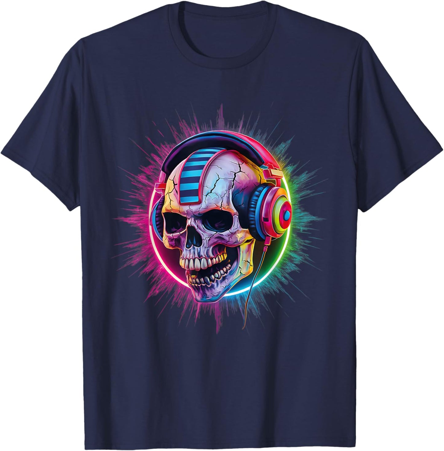 Skull Wearing Headphones Gamer Skeleton Gaming Graffiti T-Shirt - T-Shirt | Navy