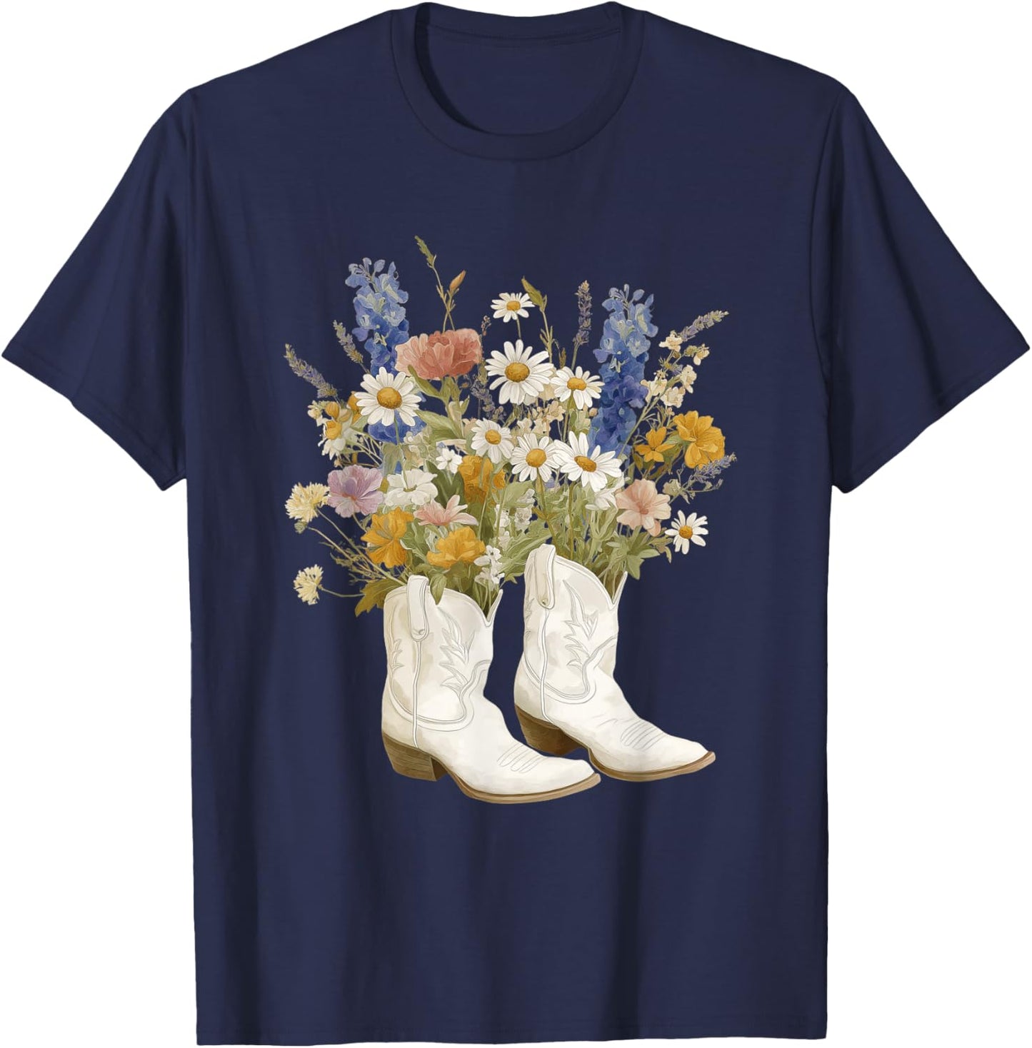 Cowboy Cowgirl Women Boots Flowers Vintage Rodeo Western T-Shirt - T-Shirt | Navy