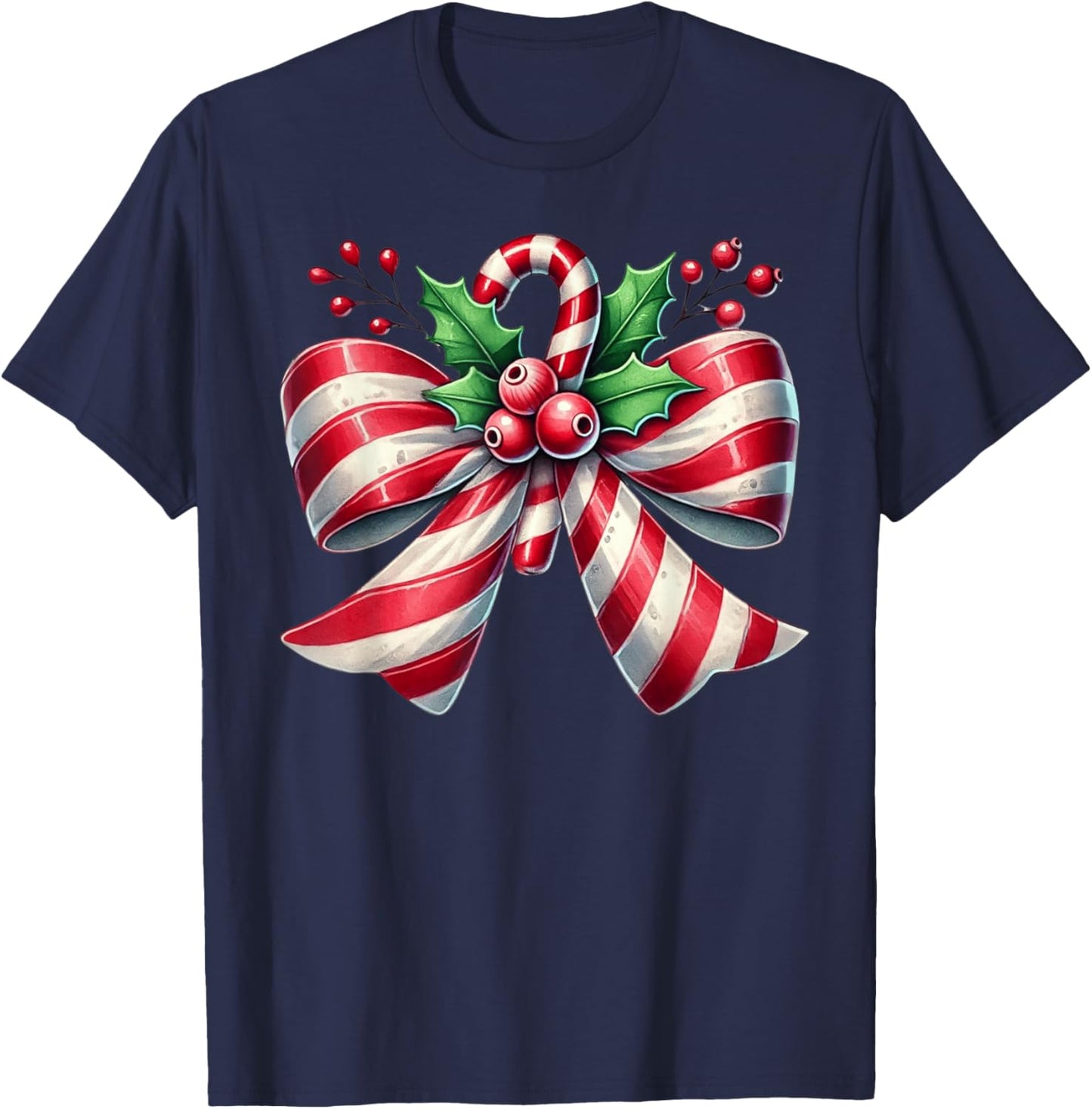 Cute Bow Candy Cane Coquette Christmas T-Shirt - T-Shirt | Navy