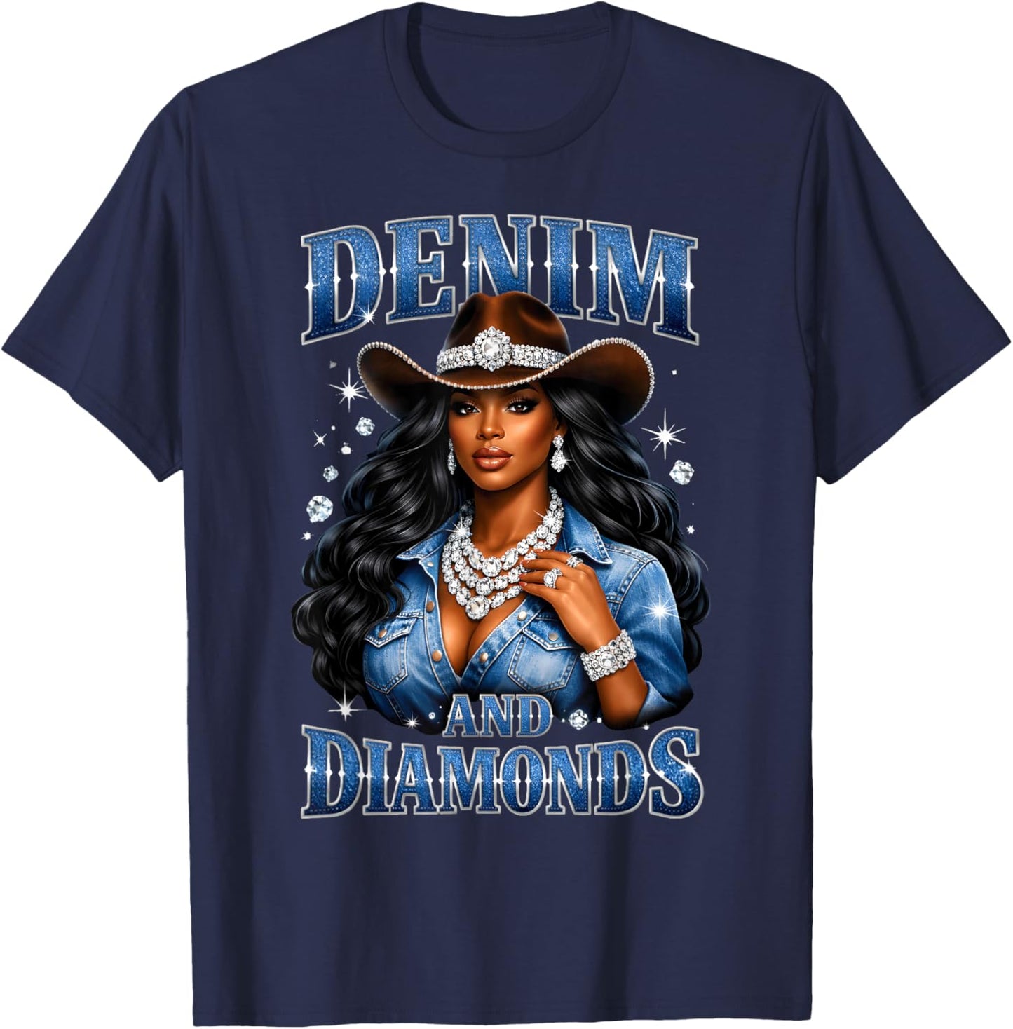 Denim and Diamonds African Melanin Cowgirls Western T-Shirt - T-Shirt | Navy