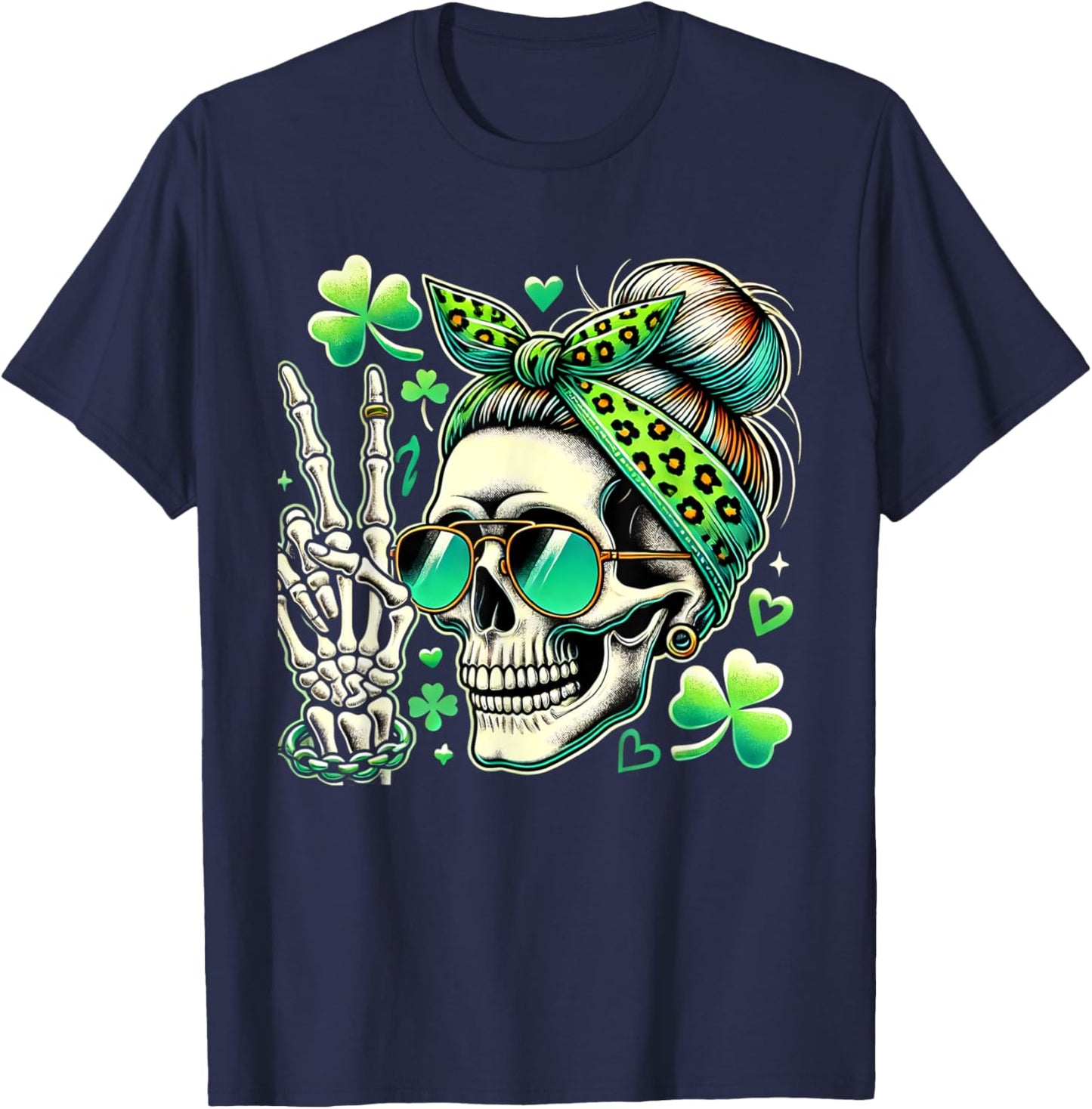 St Patricks Day Skull Messy Bun Saint Pattys Paddys Women T-Shirt - T-Shirt | Navy
