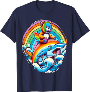 Teddy Bear Riding Shark on Rainbow T-Shirt - T-Shirt | Navy
