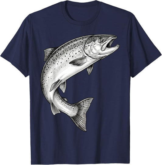 Vintage Salmon Fish Fishing Fisherman Angler Black and White T-Shirt - T-Shirt | Navy