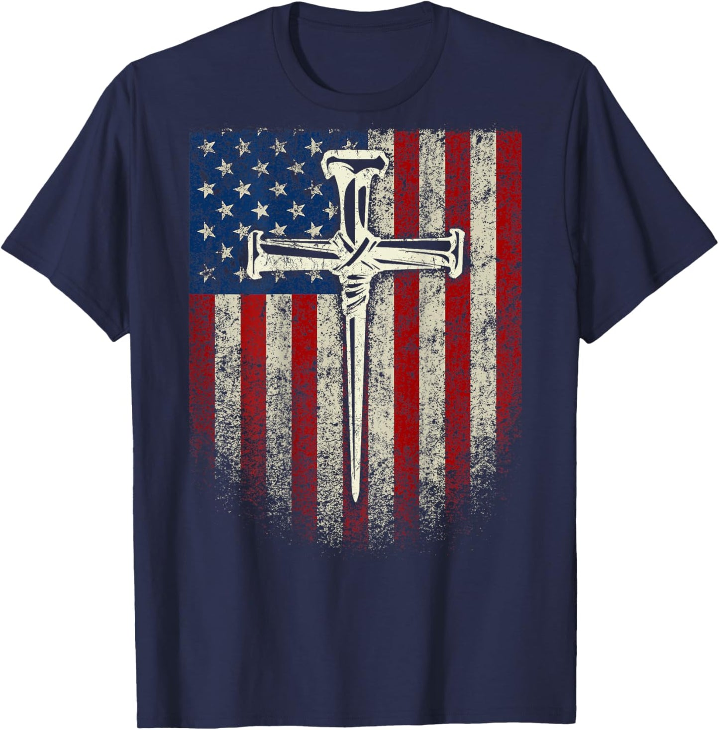 (Art on Back) American US Flag Cross Christian T-Shirt - T-Shirt | Navy