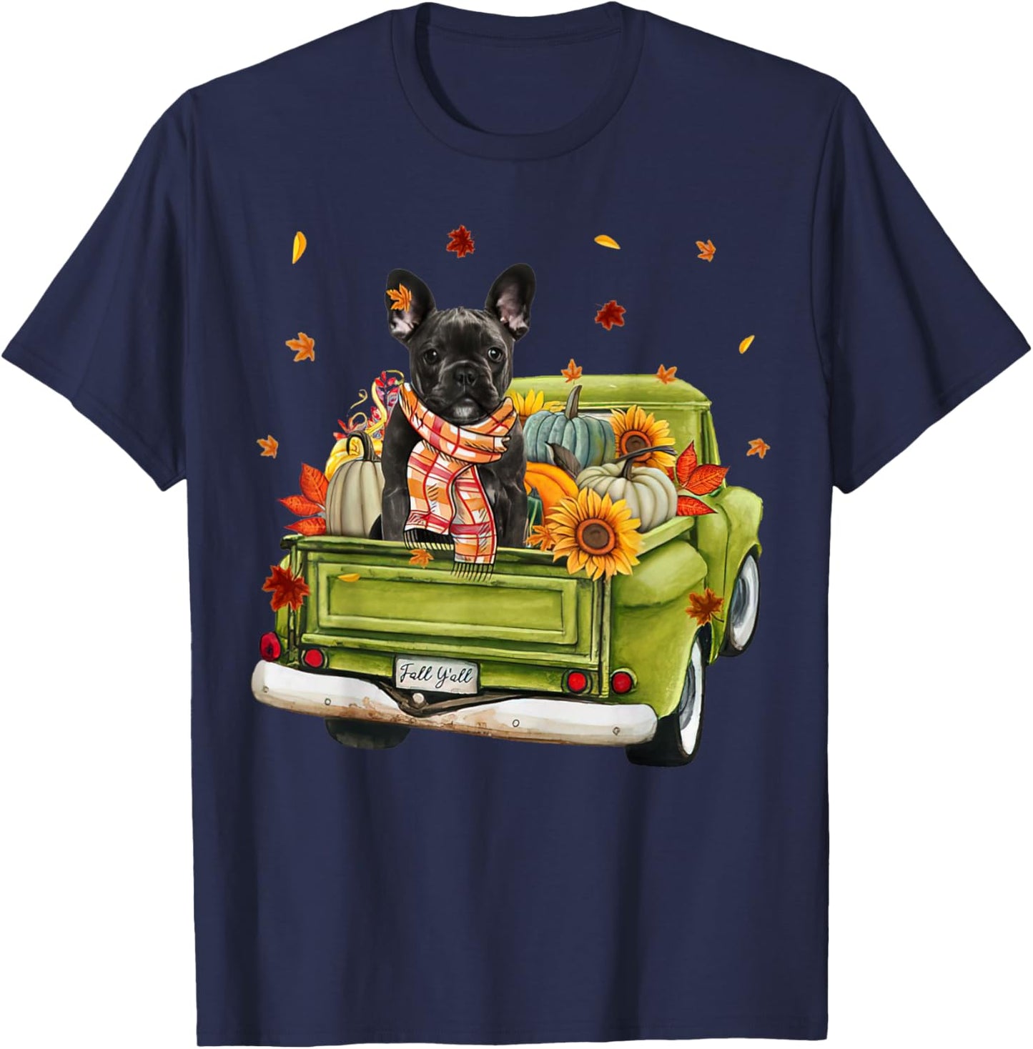 Happy Fall Y'all French Bulldog Dog On Truck Pumpkin Fall Men Women T-Shirt - T-Shirt | Navy