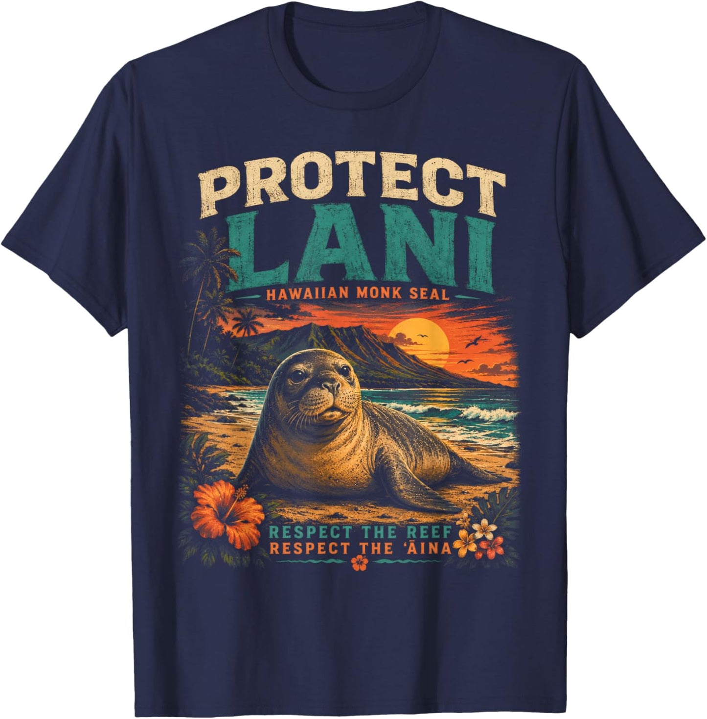 Lani the Monk Seal Protect Hawaiian Reef Respect Lahaina T-Shirt - T-Shirt | Navy