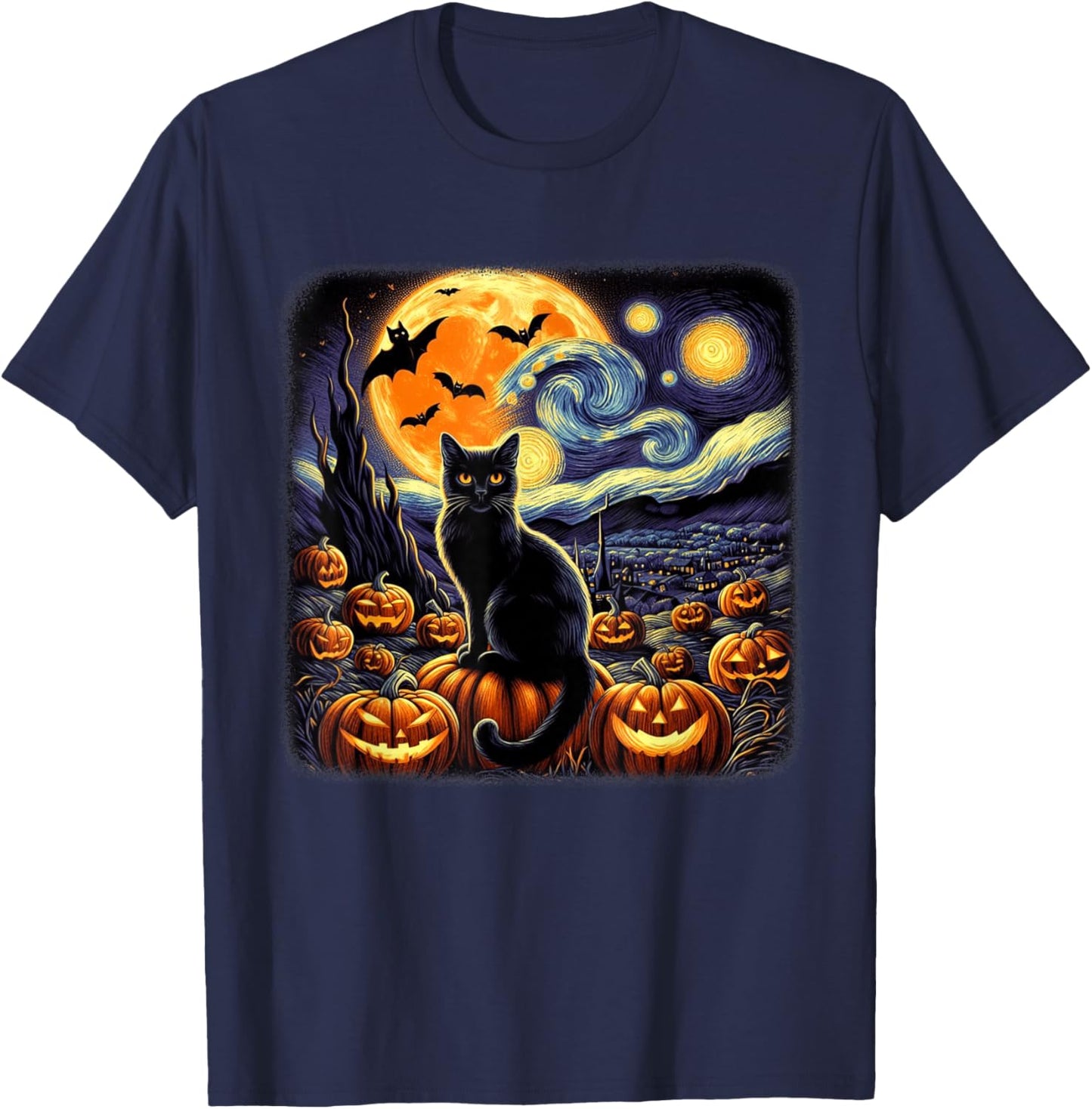 Van Gogh Cat Starry Night Cat Halloween Pumpkin Cat Lovers T-Shirt - T-Shirt | Navy