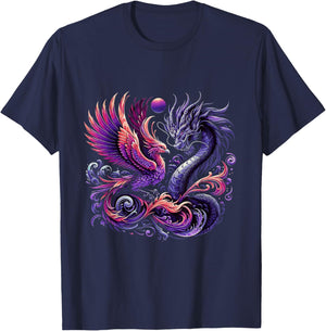 Mystical Phoenix and Dragon Swirl Design T-Shirt - T-Shirt | Navy