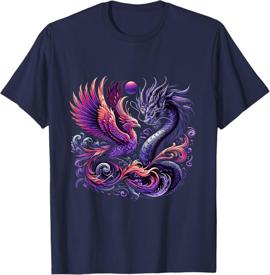 Mystical Phoenix and Dragon Swirl Design T-Shirt - T-Shirt | Navy