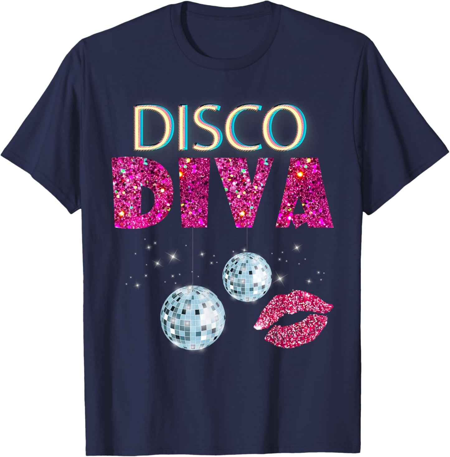 Disco Diva Ladies Disco Gold Ball Silver Red Lips T-Shirt - T-Shirt | Navy