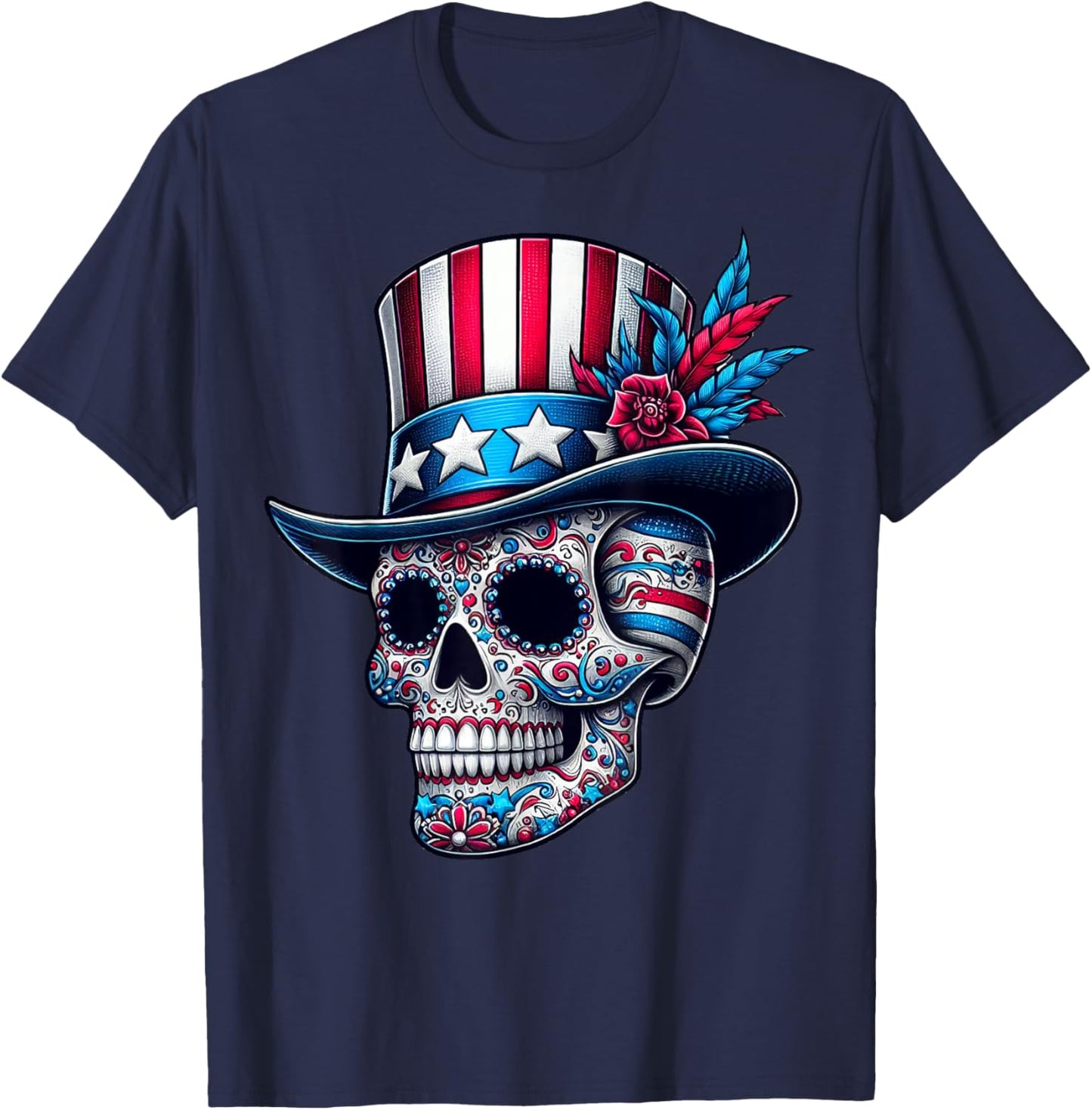Independence Day USA Patriot Skull 4th of July Sugar Skull T-Shirt - T-Shirt | Navy