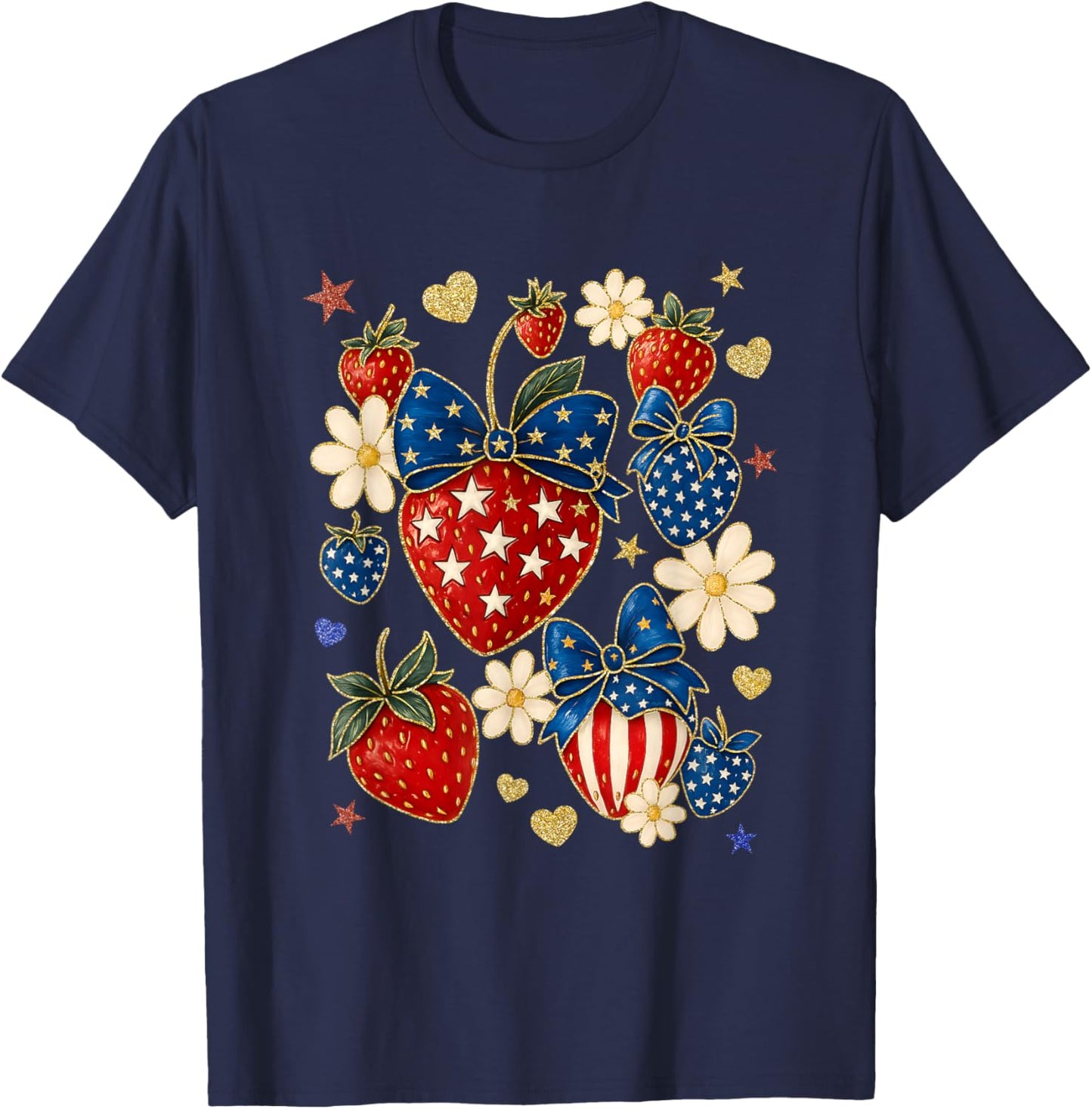 Boho 4th of July Preppy Strawberry, USA Patriotic Bow Girls T-Shirt - T-Shirt | Navy