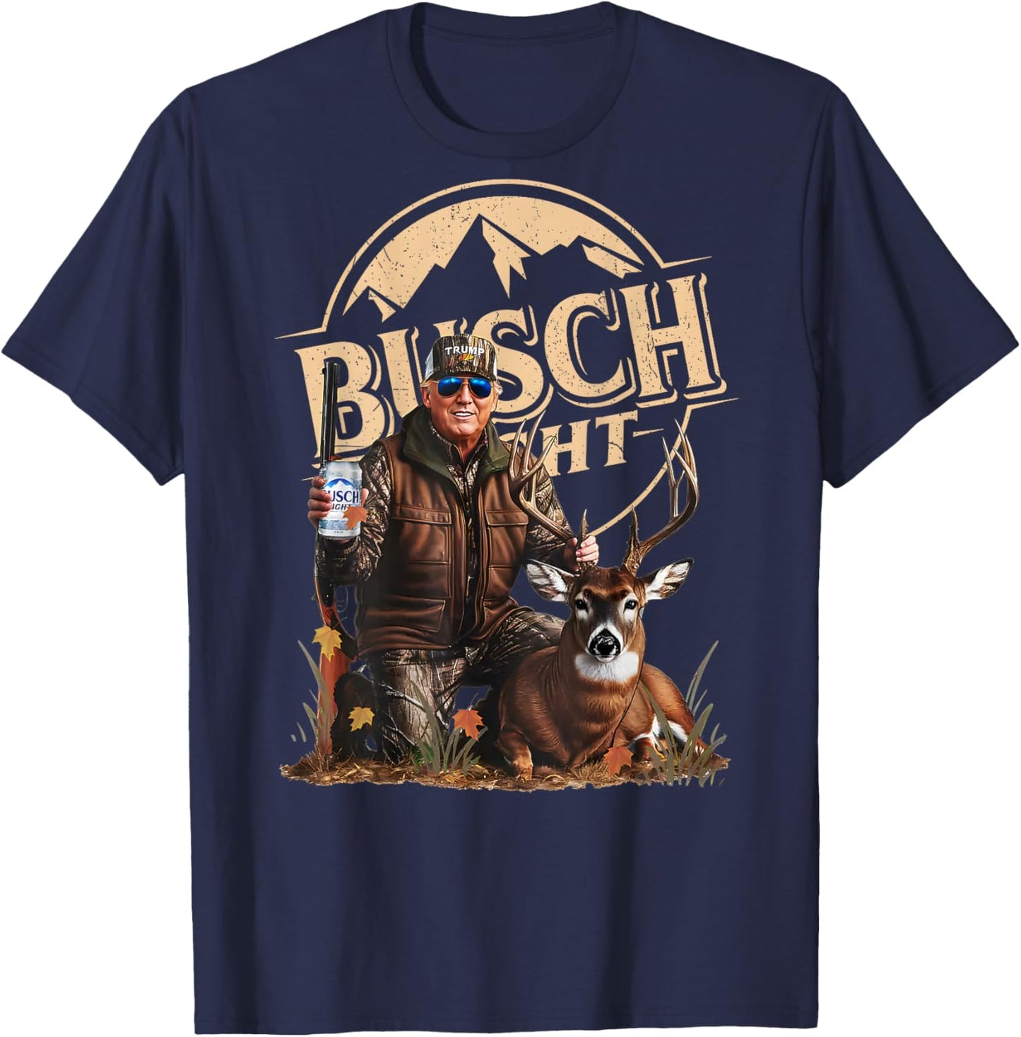 Retro Trump Hunting Deer Funny Beer Drinking Hunting ON Back T-Shirt - T-Shirt | Navy
