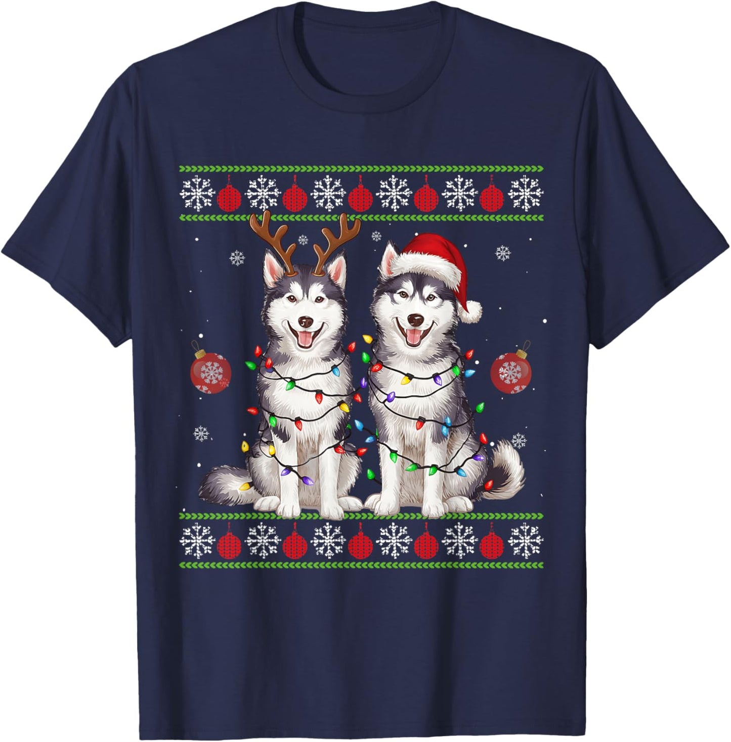 Siberian Husky Christmas Santa Reindeer Christmas Sweater T-Shirt - T-Shirt | Navy
