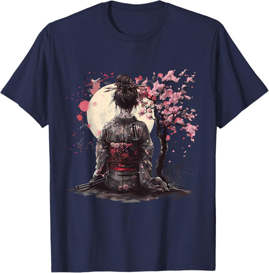 Japanese Samurai Girl Sakura Cherry Blossom Japanese Geisha T-Shirt - T-Shirt | Navy