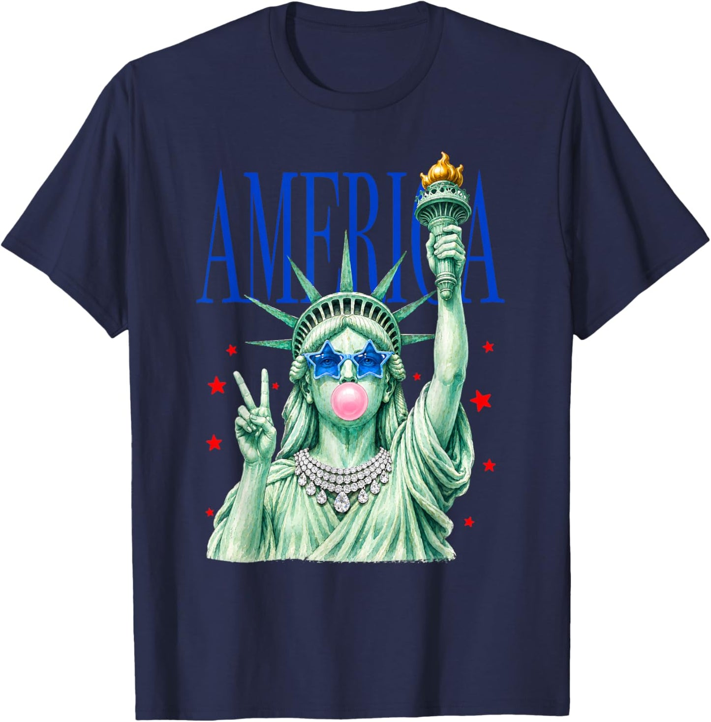 4th of July Statue of Liberty Blowing Bubble USA Girly Women T-Shirt - T-Shirt | Navy