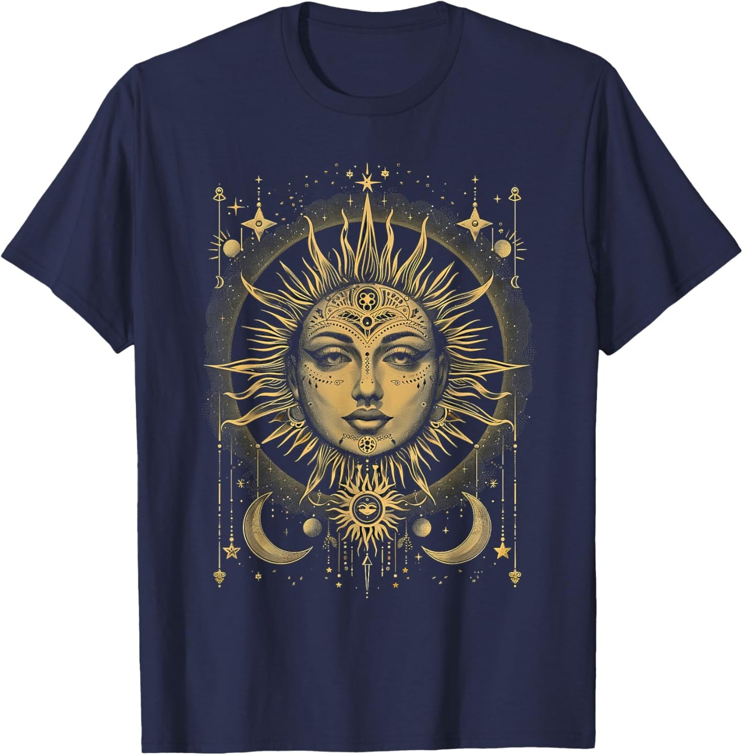 Mystic Sun and Moon Woman Mystical Flowers Aesthetic T-Shirt - T-Shirt | Navy