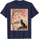 Howling Wolf and Cherry Blossom tree Japanese Woodblock art T-Shirt - T-Shirt | Navy