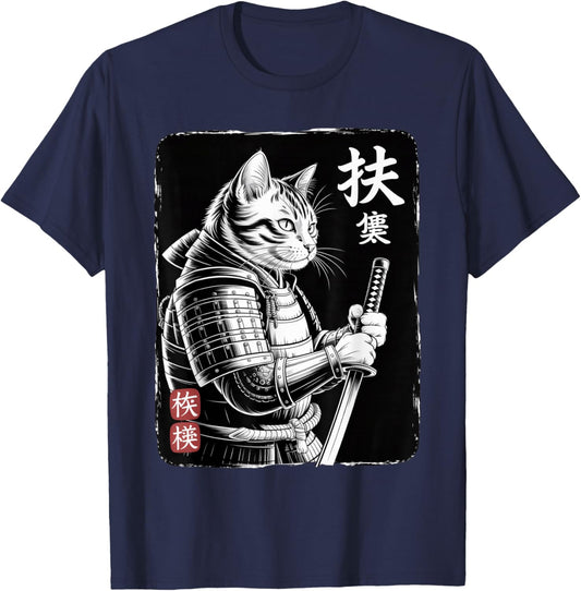 Samurai Cat Japanese Warrior Katana Anime Art T-Shirt - T-Shirt | Navy