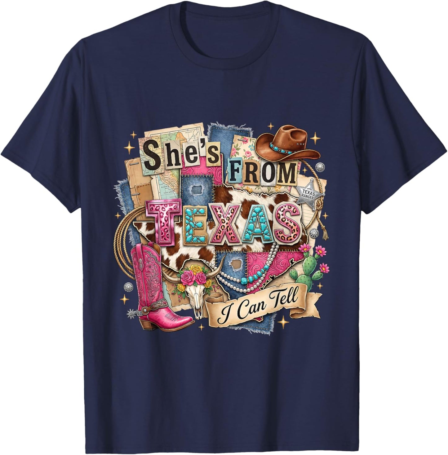 She's from Texas I Can Tell Western Cowgirl Pink Boot Gift T-Shirt - T-Shirt | Navy