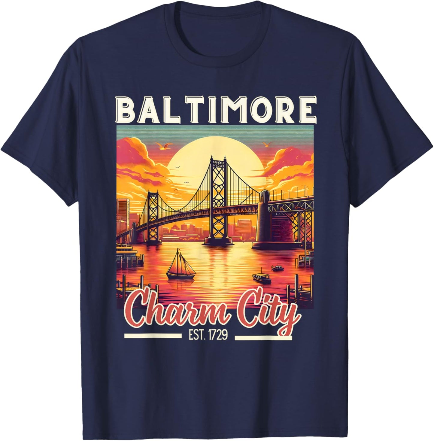 Vintage Baltimore Maryland Charm City Trip retro skyline men T-Shirt - T-Shirt | Navy