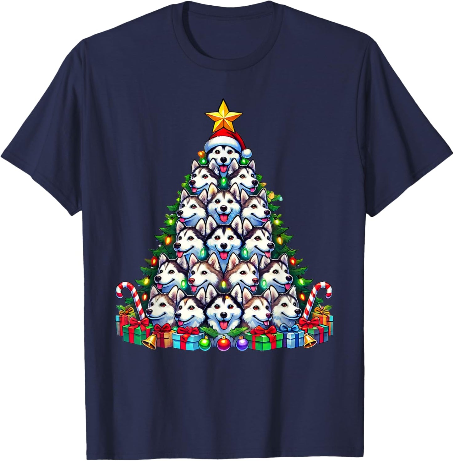 Siberian Husky Dog Christmas Tree Funny Husky Xmas T-Shirt - T-Shirt | Navy