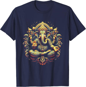 Ganesh Yoga Hindu Elephant God Ganesha Puja Black -Adults Yoga Themed T-Shirt - T-Shirt | Navy