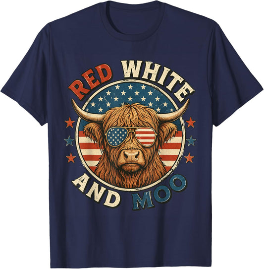 Red White and Moo Funny Highland Cow 4th of July Patriotic T-Shirt - T-Shirt | Navy