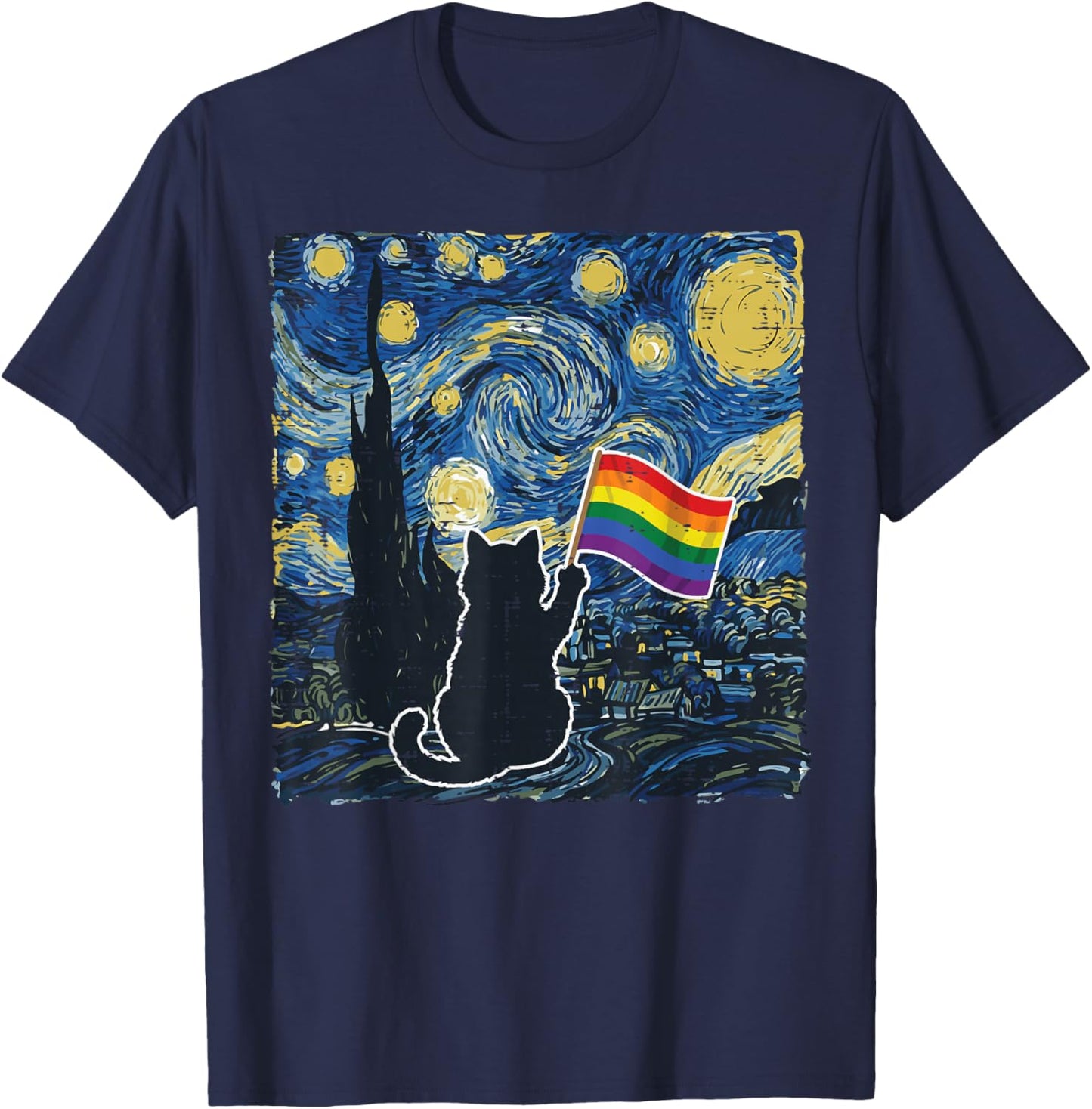 Starry Night Cat Rainbow Flag Funny Gay Pride LGBT Men Women T-Shirt - T-Shirt | Navy