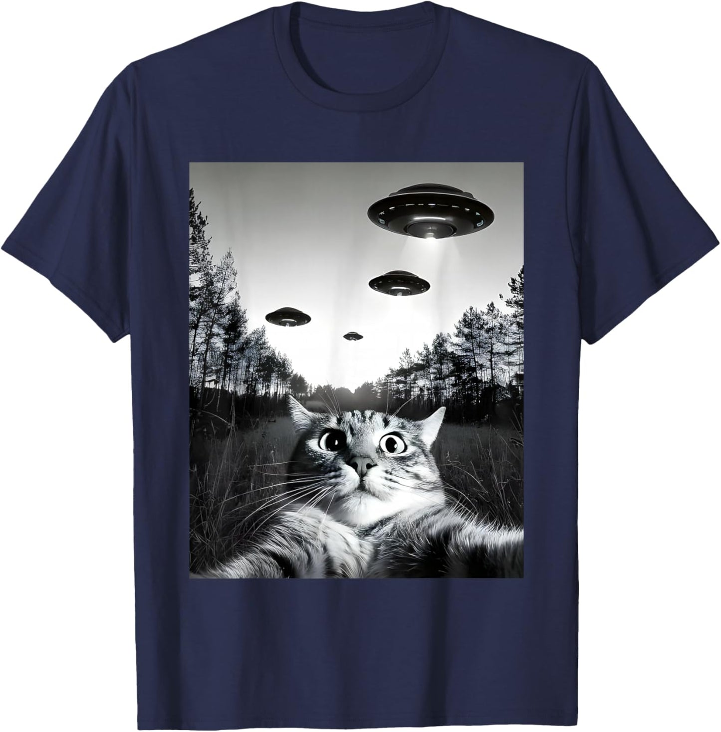 Funny Cat Selfie with UFOs T-Shirt - T-Shirt | Navy