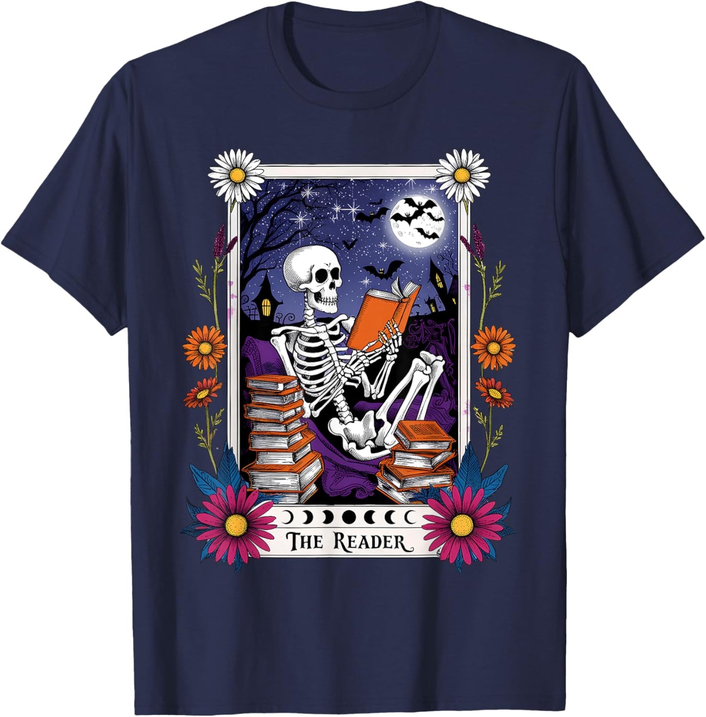 Book Lover Tarot Card The Reader Mystic Funny Skeleton T-Shirt - T-Shirt | Navy